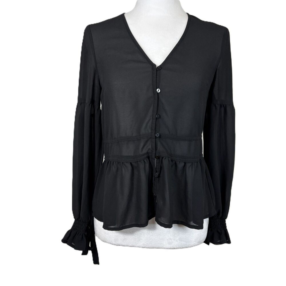 Divided Blouse Women’s Size 2 Black Sheer Button Down Peplum Whimsigoth Romantic